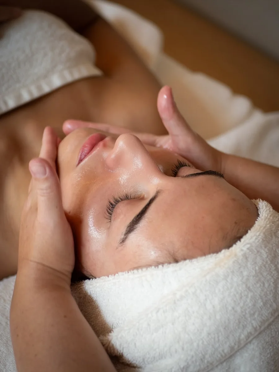 A facial massage, hair wrapped in a warm towel